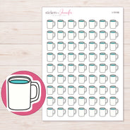 White Mug with Teal Interior Planner Stickers | I-10106 — 5 × 7 inch sheet and enlarged sticker detail