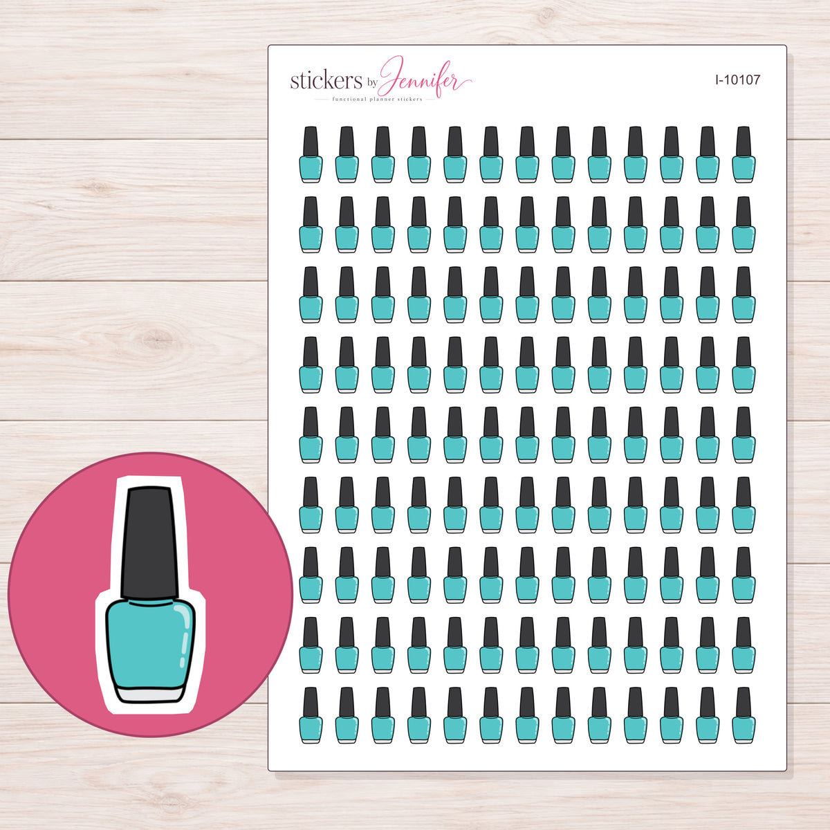 Teal Nail Polish Planner Stickers | I-10107 — 5 × 7 inch sheet and enlarged sticker detail