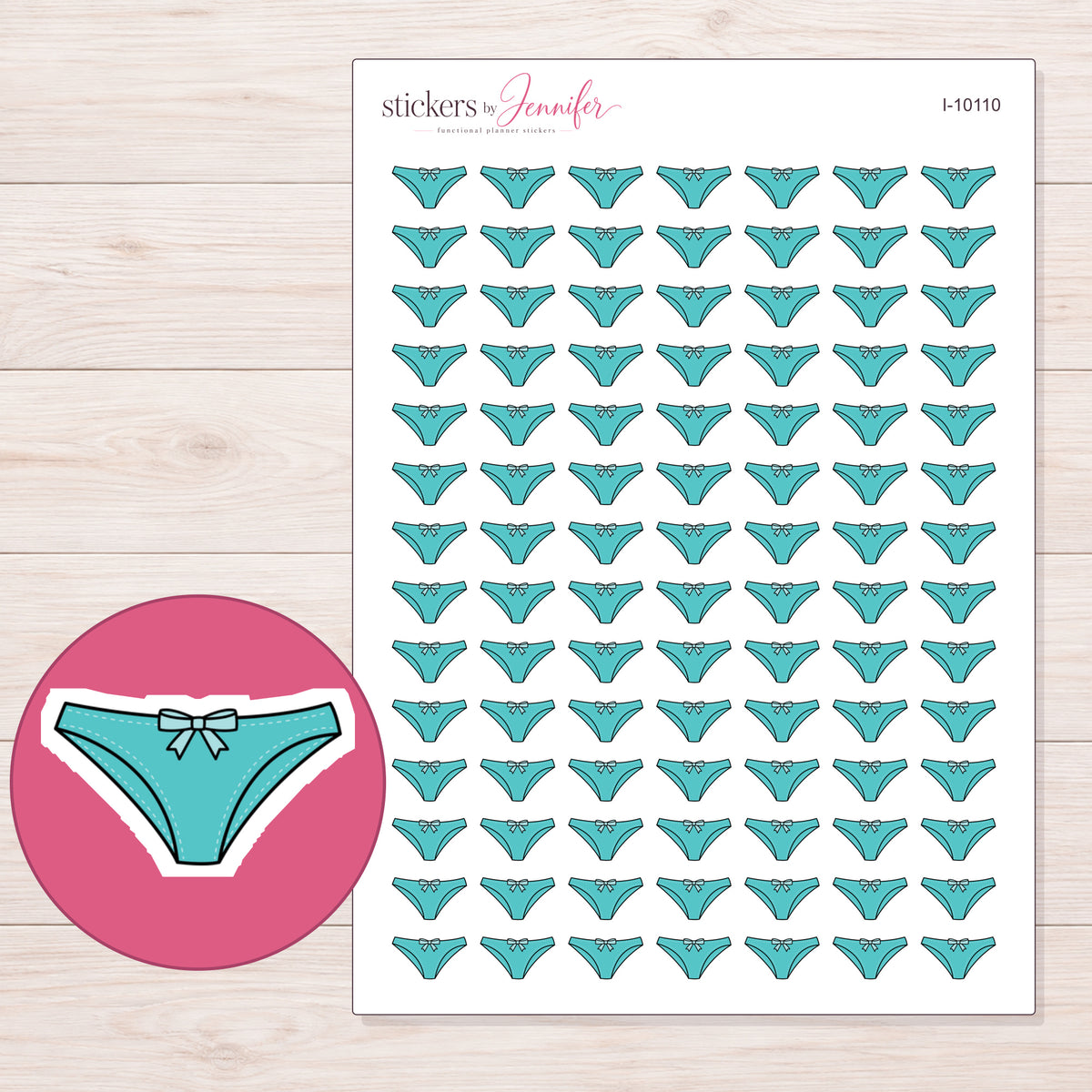 Teal Bow Underwear Planner Stickers | I-10110 — 5 × 7 inch sheet and enlarged sticker detail
