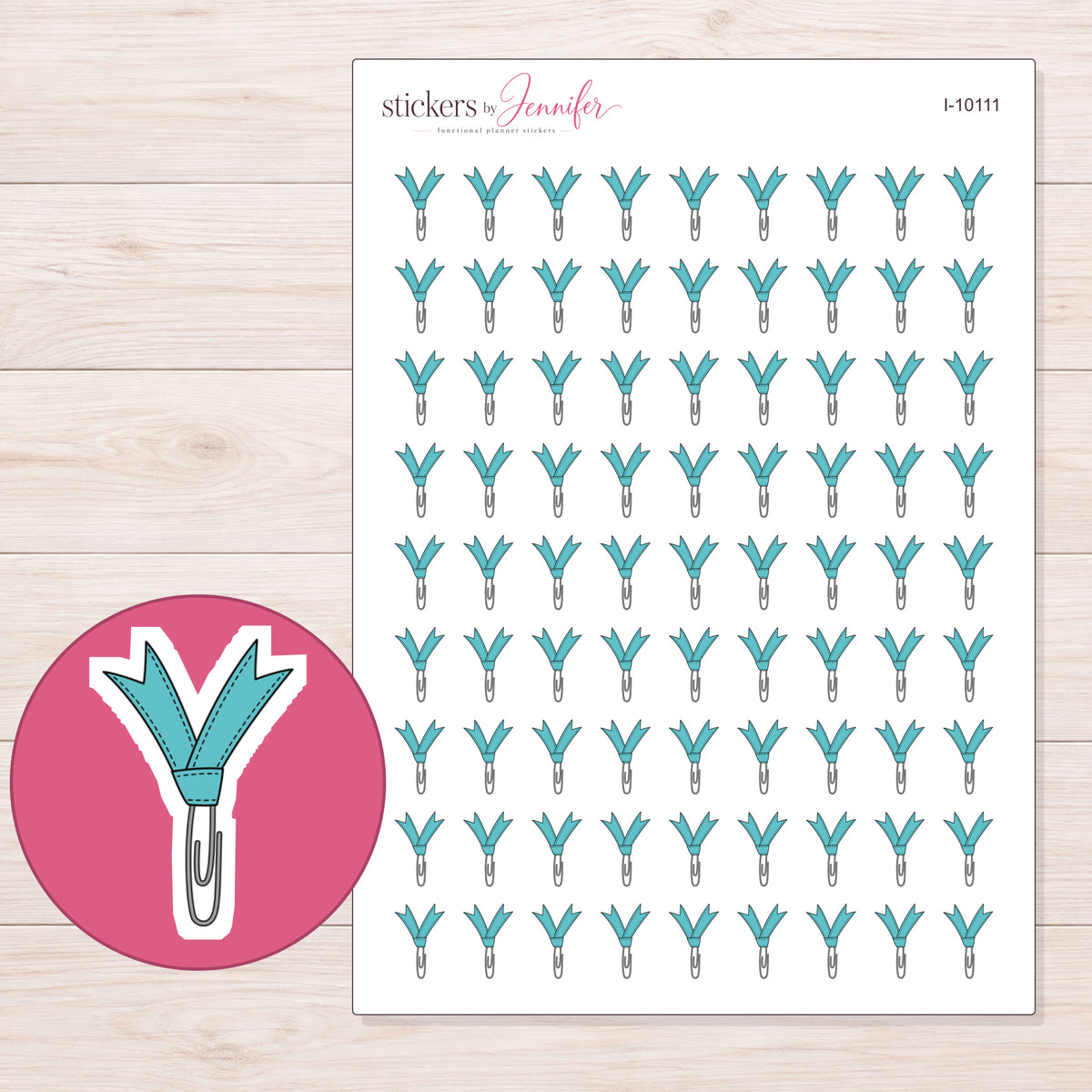 Teal Ribbon Paper Clip Planner Stickers | I-10111 — 5 × 7 inch sheet and enlarged sticker detail