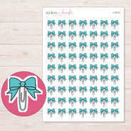 Teal Bow Paper Clip Planner Stickers | I-10112 — 5 × 7 inch sheet and enlarged sticker detail