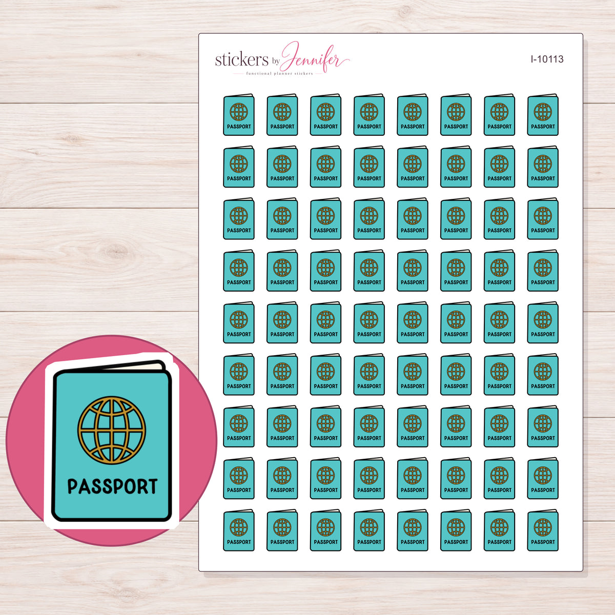 Teal Passport Planner Stickers | I-10113 — 5 × 7 inch sheet and enlarged sticker detail