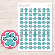 Teal Solid Paw Print Planner Stickers | I-10114 — 5 × 7 inch sheet and enlarged sticker detail