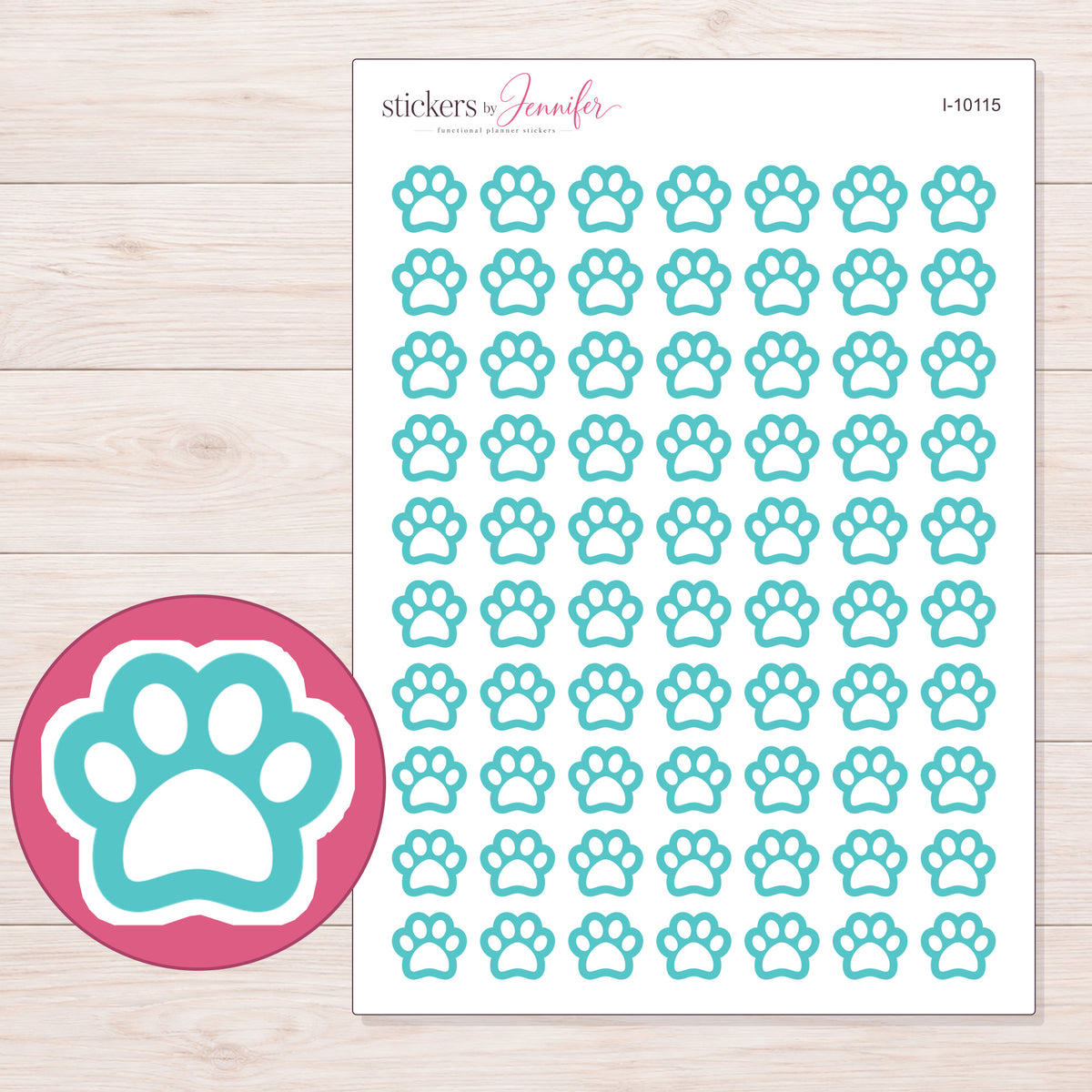 Teal Outline Paw Print Planner Stickers | I-10115 — 5 × 7 inch sheet and enlarged sticker detail