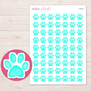 Bright Aqua Paw Print Planner Stickers | I-10116 — 5 × 7 inch sheet and enlarged sticker detail