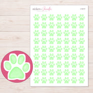 Pastel Mint Paw Print Planner Stickers | I-10117 — 5 × 7 inch sheet and enlarged sticker detail