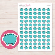 Teal Piggy Bank Planner Stickers | I-10120 — 5 × 7 inch sheet and enlarged sticker detail
