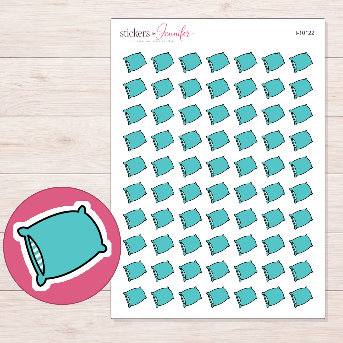 Teal Pillow Planner Stickers | I-10122 — 5 × 7 inch sheet and enlarged sticker detail