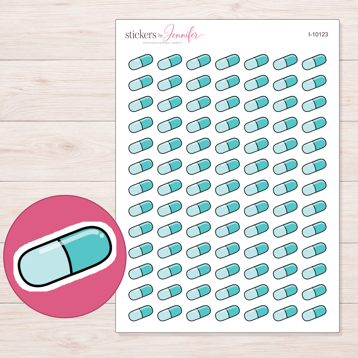 Teal Capsule Planner Stickers | I-10123 — 5 × 7 inch sheet and enlarged sticker detail