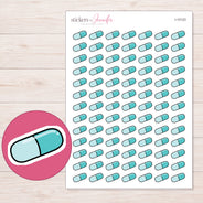 Teal Capsule Planner Stickers | I-10123 — 5 × 7 inch sheet and enlarged sticker detail