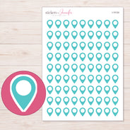 Teal Location Pin Planner Stickers | I-10124 — 5 × 7 inch sheet and enlarged sticker detail