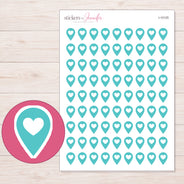 Teal Heart Location Pin Planner Stickers | I-10125 — 5 × 7 inch sheet and enlarged sticker detail