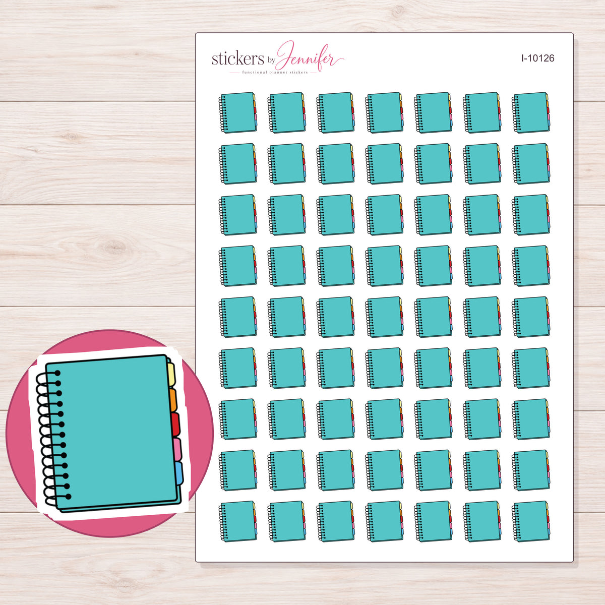 Teal Spiral Planner Stickers | I-10126 — 5 × 7 inch sheet and enlarged sticker detail