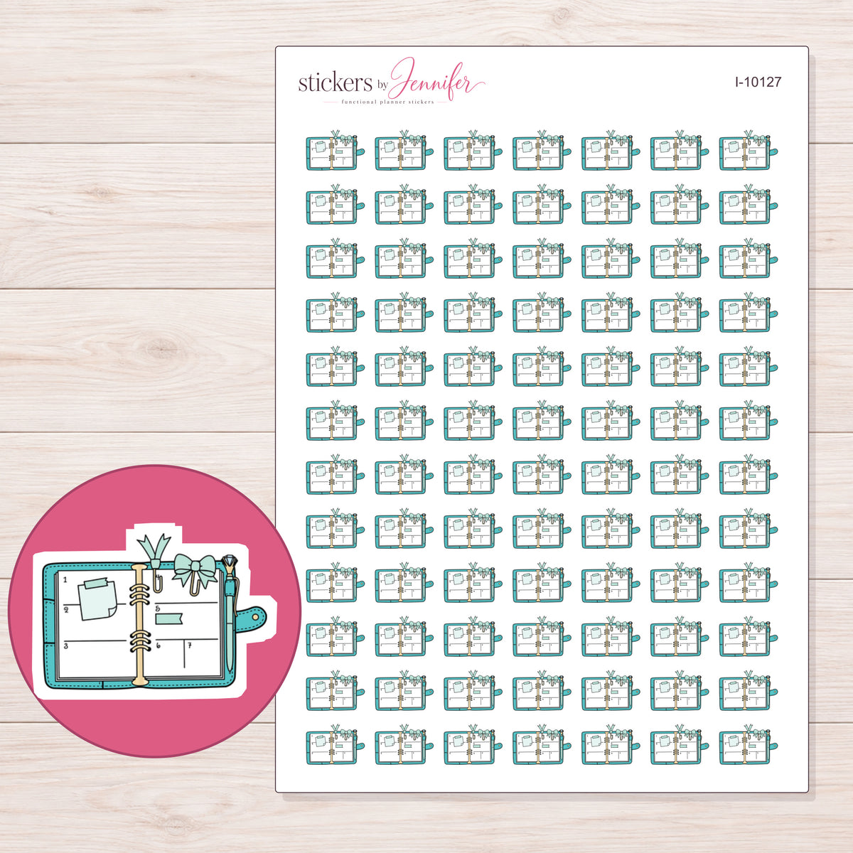 Teal Decorated Ring Planner Stickers | I-10127 — 5 × 7 inch sheet and enlarged sticker detail