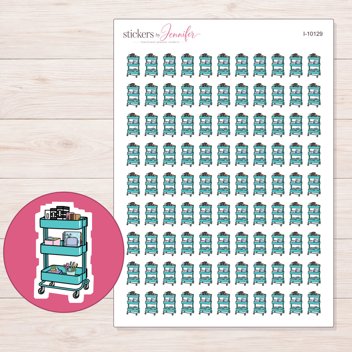 Teal Planner Supply Cart Planner Stickers | I-10129 — 5 × 7 inch sheet and enlarged sticker detail