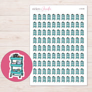 Teal Planner Supply Cart Planner Stickers | I-10129 — 5 × 7 inch sheet and enlarged sticker detail