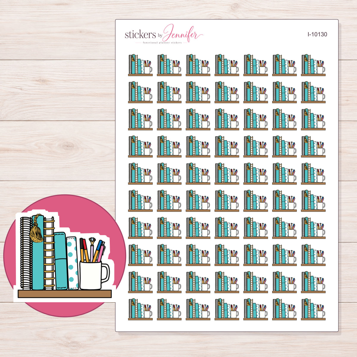 Teal Planner Shelf and Pen Cup Planner Stickers | I-10130 — 5 × 7 inch sheet and enlarged sticker detail