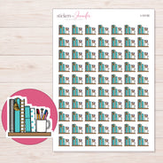 Teal Planner Shelf and Pen Cup Planner Stickers | I-10130 — 5 × 7 inch sheet and enlarged sticker detail