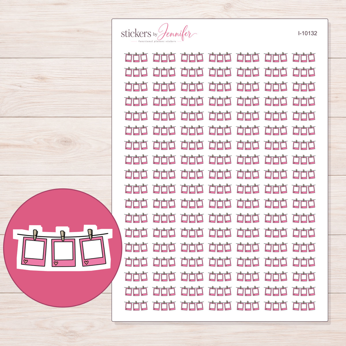 Pink Hanging Photo Frames Planner Stickers | I-10132 — 5 × 7 inch sheet and enlarged sticker detail