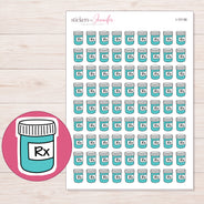 Teal Prescription Bottle Planner Stickers | I-10136 — 5 × 7 inch sheet and enlarged sticker detail