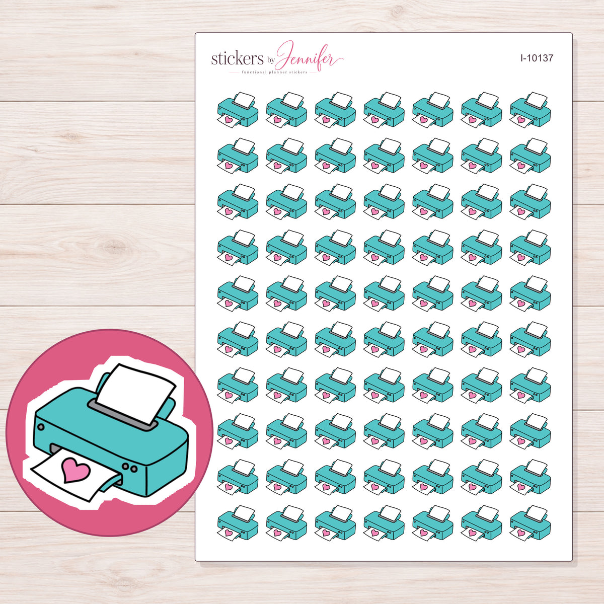 Teal Heart Printer Planner Stickers | I-10137 — 5 × 7 inch sheet and enlarged sticker detail