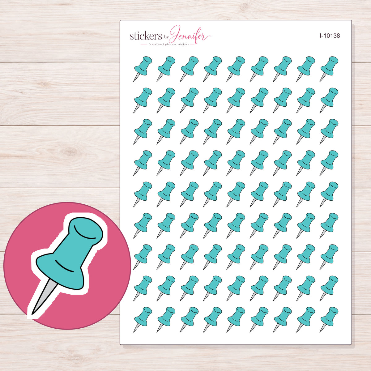 Teal Push Pin Planner Stickers | I-10138 — 5 × 7 inch sheet and enlarged sticker detail