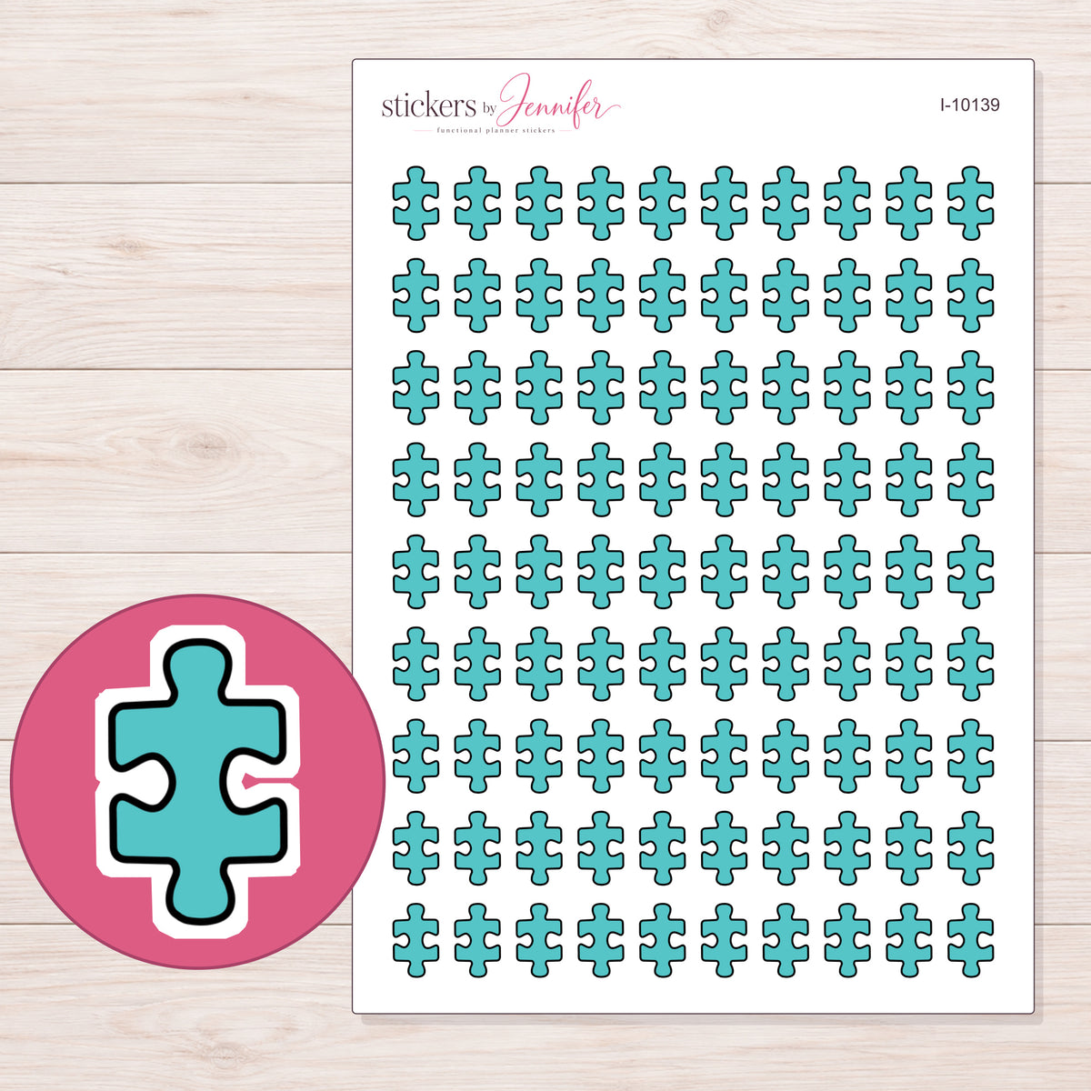 Teal Puzzle Piece Planner Stickers | I-10139 — 5 × 7 inch sheet and enlarged sticker detail