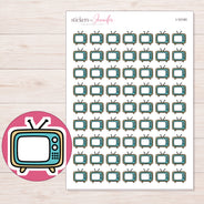 Teal Retro Television Planner Stickers | I-10140 — 5 × 7 inch sheet and enlarged sticker detail