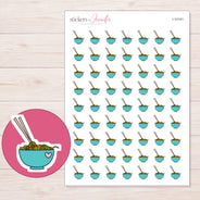 Teal Heart Ramen Bowl Planner Stickers | I-10141 — 5 × 7 inch sheet and enlarged sticker detail