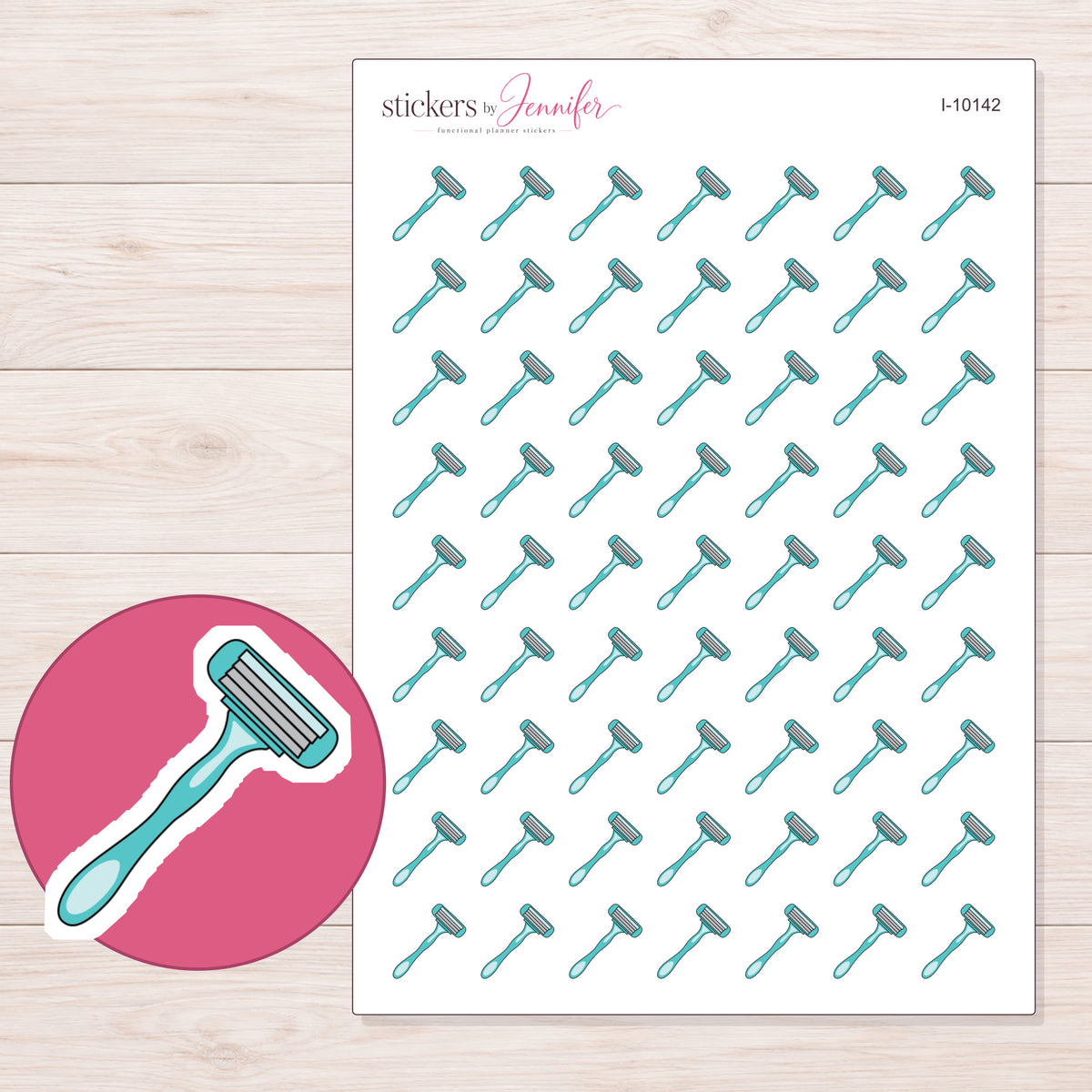 Teal Razor Planner Stickers | I-10142 — 5 × 7 inch sheet and enlarged sticker detail