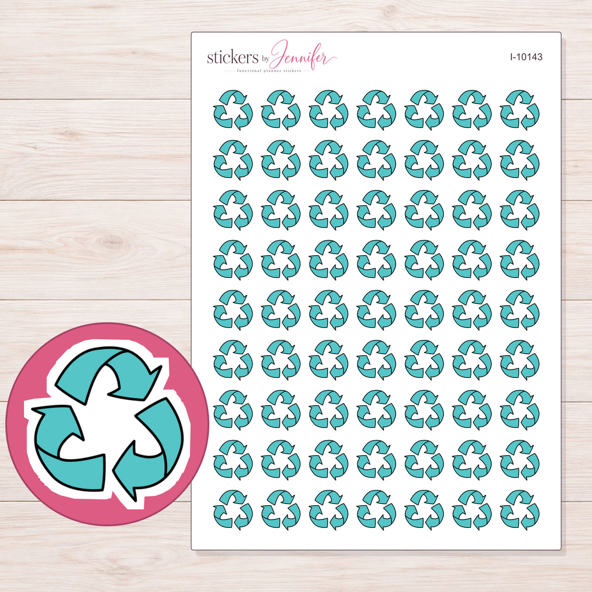 Teal Recycling Symbol Planner Stickers | I-10143 — 5 × 7 inch sheet and enlarged sticker detail