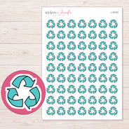 Teal Recycling Symbol Planner Stickers | I-10143 — 5 × 7 inch sheet and enlarged sticker detail