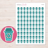 Teal Recycling Bin Planner Stickers | I-10144 — 5 × 7 inch sheet and enlarged sticker detail