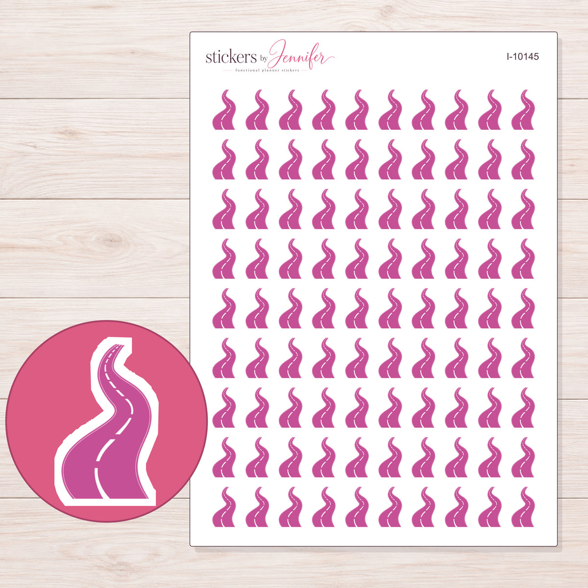 Pink Winding Road Planner Stickers | I-10145 — 5 × 7 inch sheet and enlarged sticker detail
