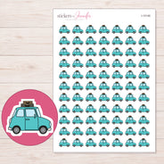 Teal Road Trip Car Planner Stickers | I-10146 — 5 × 7 inch sheet and enlarged sticker detail