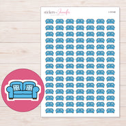 Blue Sofa Planner Stickers | I-10148 — 5 × 7 inch sheet and enlarged sticker detail