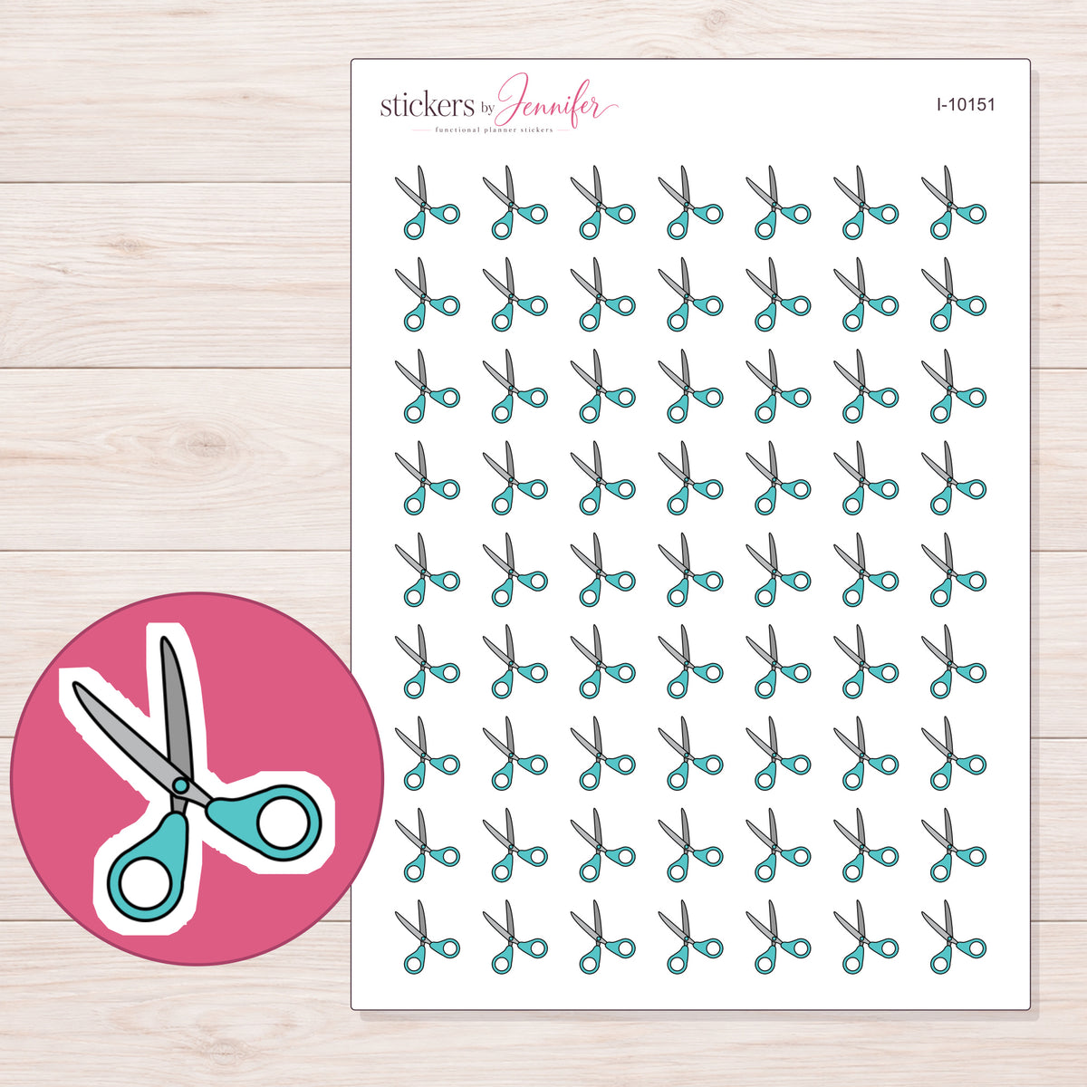 Teal Handle Scissors Planner Stickers | I-10151 — 5 × 7 inch sheet and enlarged sticker detail