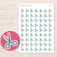 Teal Handle Scissors Planner Stickers | I-10151 — 5 × 7 inch sheet and enlarged sticker detail