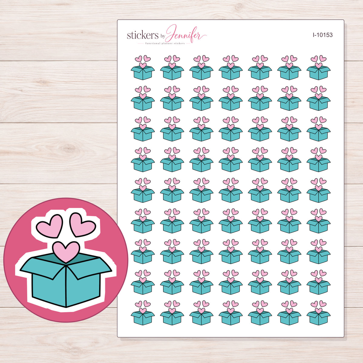 Teal Gift Box with Hearts Planner Stickers | I-10153 — 5 × 7 inch sheet and enlarged sticker detail