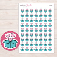 Teal Gift Box with Hearts Planner Stickers | I-10153 — 5 × 7 inch sheet and enlarged sticker detail