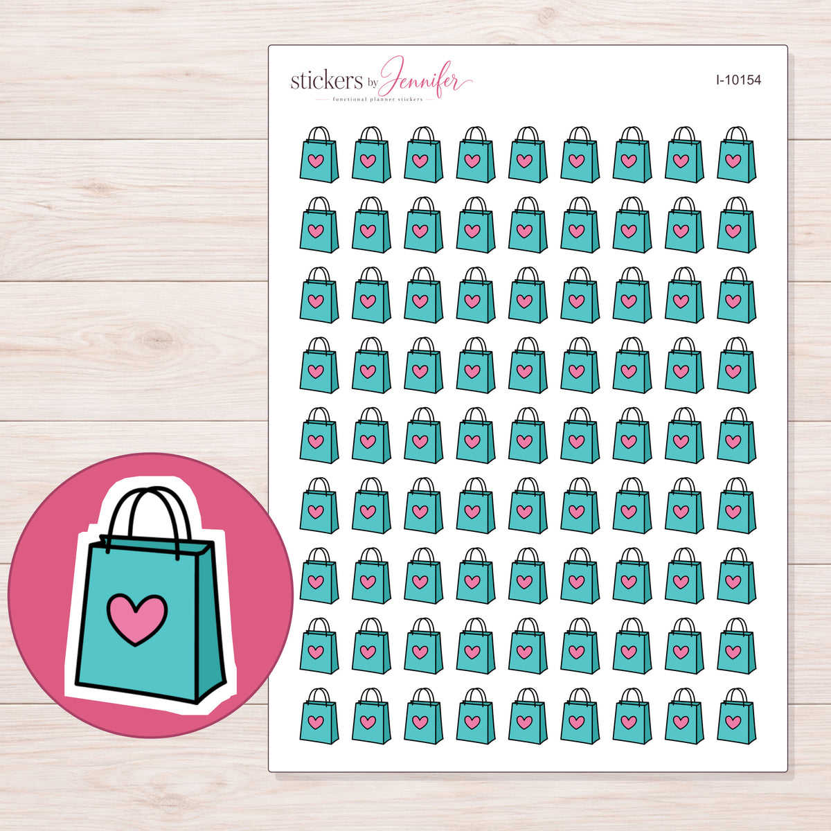 Teal Heart Shopping Bag Planner Stickers | I-10154 — 5 × 7 inch sheet and enlarged sticker detail