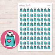 Teal Heart Shopping Bag Planner Stickers | I-10154 — 5 × 7 inch sheet and enlarged sticker detail