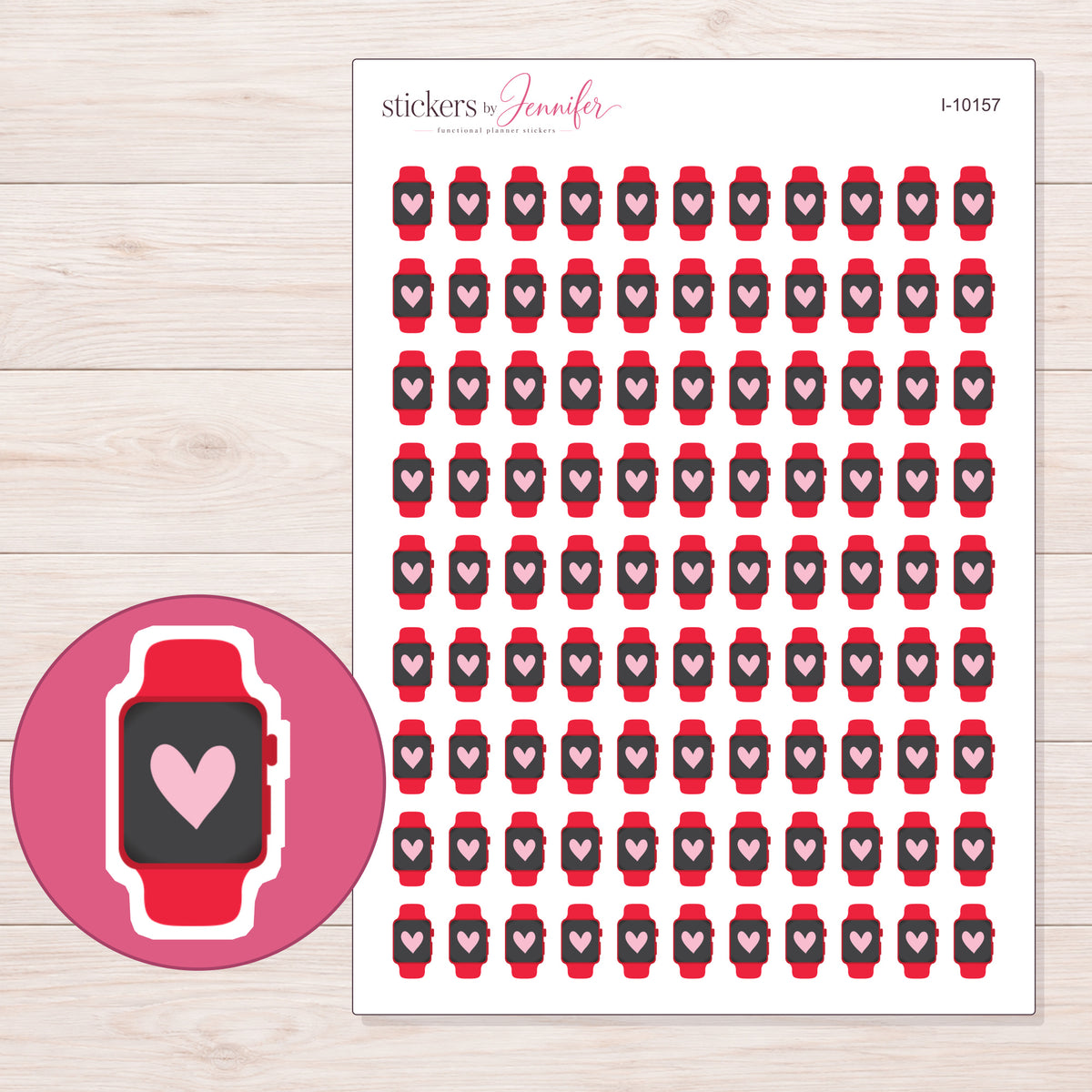Red Heart Smartwatch Planner Stickers | I-10157 — 5 × 7 inch sheet and enlarged sticker detail