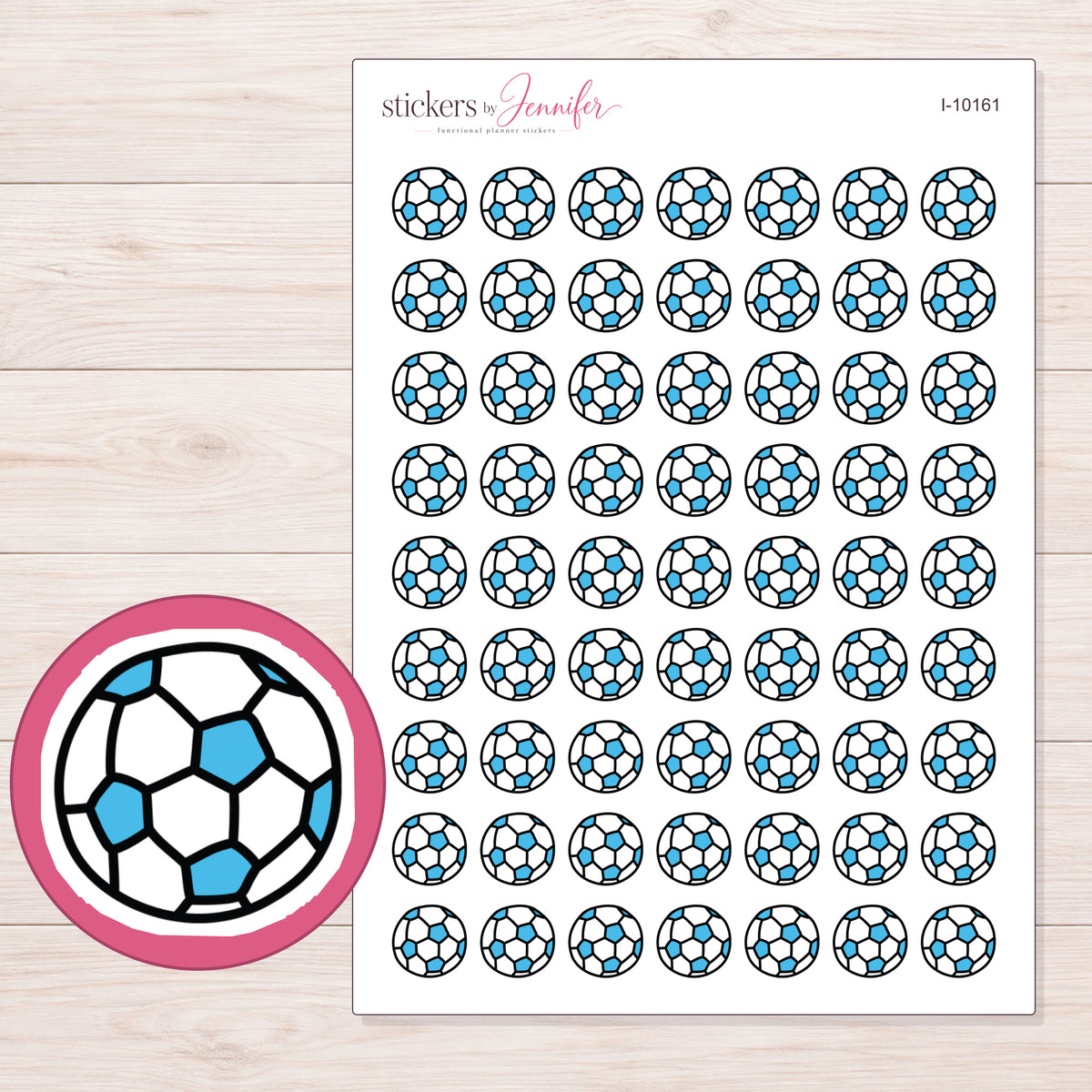 Blue and White Soccer Ball Planner Stickers | I-10161 — 5 × 7 inch sheet and enlarged sticker detail