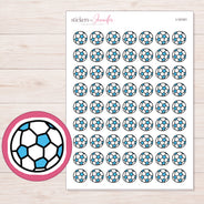 Blue and White Soccer Ball Planner Stickers | I-10161 — 5 × 7 inch sheet and enlarged sticker detail
