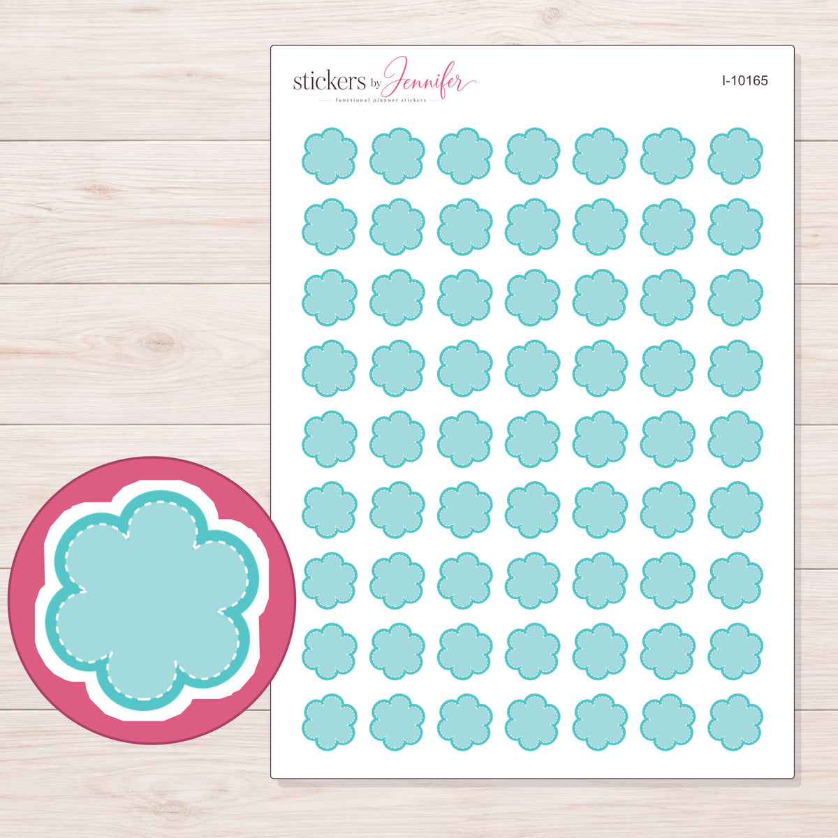 Pale Teal Scalloped Label Planner Stickers | I-10165 — 5 × 7 inch sheet and enlarged sticker detail