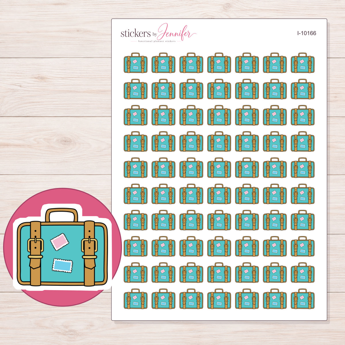 Teal Travel Suitcase Planner Stickers | I-10166 — 5 × 7 inch sheet and enlarged sticker detail