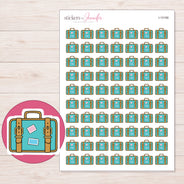 Teal Travel Suitcase Planner Stickers | I-10166 — 5 × 7 inch sheet and enlarged sticker detail