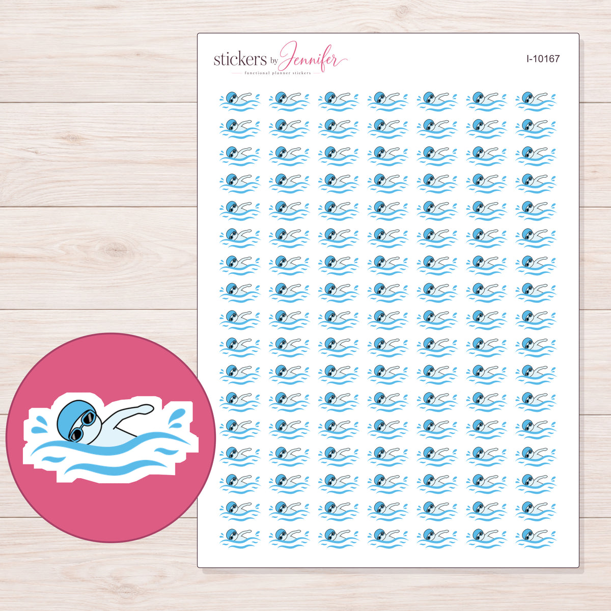 Blue Swimming Icon Planner Stickers | I-10167 — 5 × 7 inch sheet and enlarged sticker detail