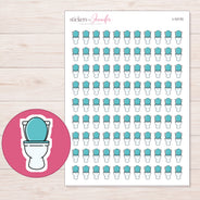 White Toilet with Teal Seat Planner Stickers | I-10170 — 5 × 7 inch sheet and enlarged sticker detail